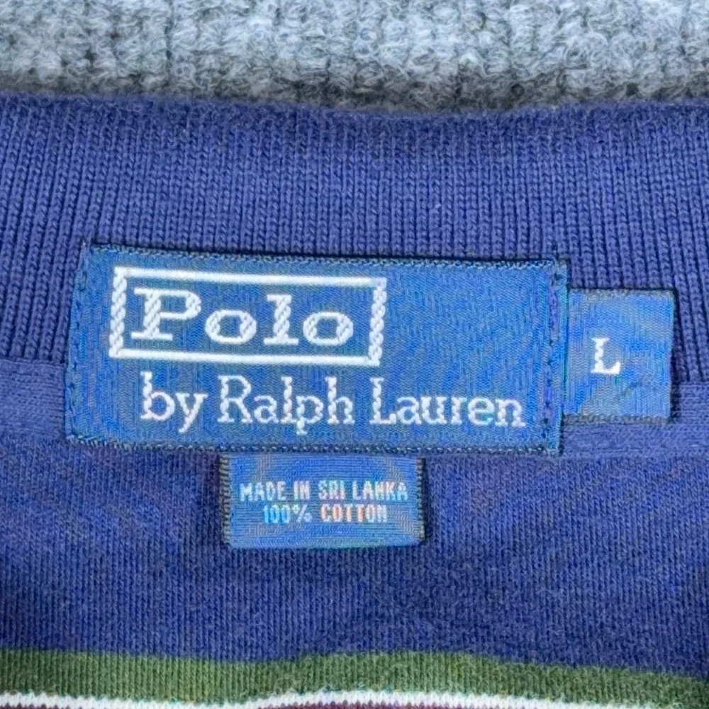 Polo Ralph Lauren Mens Large Navy Blue Striped Short Sleeve Cotton Polo Shirt